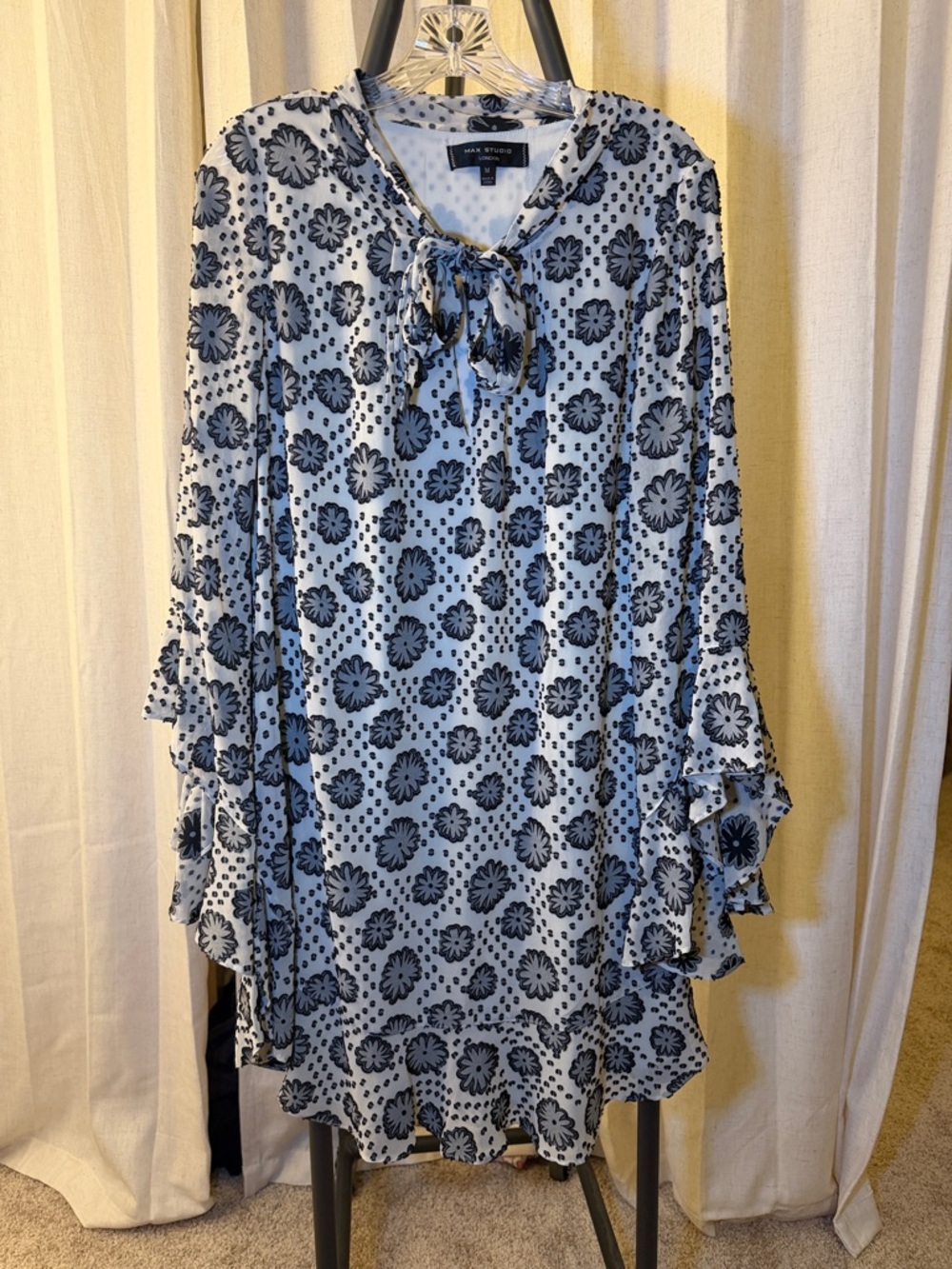 Max Studio Black and Off white  Floral Tie-Neck Tunic